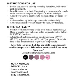80 pegatinas de alerta de fiebre en 16 formas (11 mm). Monitoreo de temperatura fácil de ver para uso diario y nocturno. FeverDot se vuelve rosa cuando la temperatura del núcleo alcanza los 38 °C
