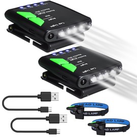 Mudder 2 Pcs Rechargeable Cap Light with Head Strap and USB Cable LED Cap Flashlight Clip Waterproof Ultra Bright Hat Flashlight Headlamp for Hunting Fishing Camping Hiking Cycling