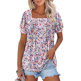 ONLYSHE Womens Tops Dressy Casual Summer Tops Floral Tunic Puff Short Sleeve Square Neck Blouse Shirts Blue Pink XL