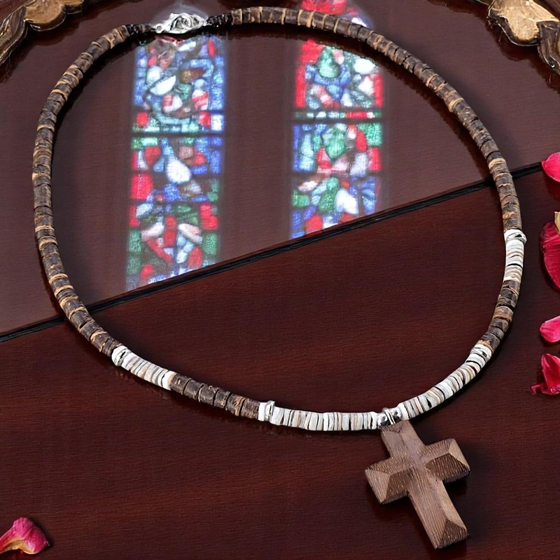 BlueRica Wood Cross Pendant on Coconut Beads and Puka Shell