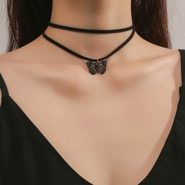 Inilbran Boho Layered Velvet Choker Necklace Vintage Butterfly Pendant Necklace Black Hollow Butterfly Necklace Adjustable Butterfly Ribbon Necklace Jewelry for Women