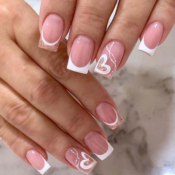 ANDGING French Tip Press on Nails Short Medium Coffin, White