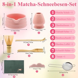 8-Piece Matcha Set Pink A Ceremonial Matcha Tea Set, Consisting of the Whisk Set Including Matcha Whisk, Bowl, Cup, Bamboo Strainer and Other Accessories