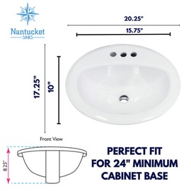 Nantucket Sinks DI2017-4 Drop In Bathroom Sink – 20.25" Top Mount Bath Vanity Sink, White, Oval Bowl, 3 4" Faucet Holes, High-Gloss Vitreous China, Scratch & Stain Resistant – Great Point Collection