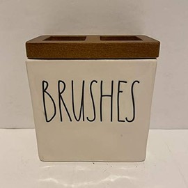 Rae Dunn BRUSHES Holder with wooden bottom - Bathroom Desk Organizer - Ceramic - 4 x 4.5 x 2.5 inches