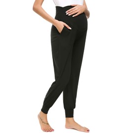 Pregnancy Workout Pants with Pockets Over Belly Maternity Yoga Pants, Stretchy Tapered Legs Activewear for Expecting Mothers(Black, Small)