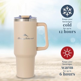 Tommy Bahama Vacuum Insulated Water Bottle with Straw - Double-Wall Stainless Steel, BPA Free, Keep Drinks Warm for 6 Hours or Cold for 12 Hours - Beige, 40oz