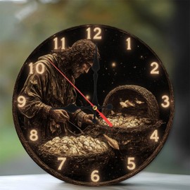 10-Inch Silent Wooden Wall Clock, " Antique Clock Man Harvesting Golden Hour Basket Fish Wall Decor ” Silent Non-Ticking Clock, Battery Operated (AA Batteries Not Included), Artistic Home Decor