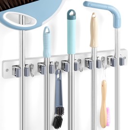 Broom Holder Wall Mount - White Wood Mop and Broom Organizer with 5 Slots & 4 Hooks - Sturdy Garden Tool Hanger for Laundry Room Closet Kitchen Garage Storage and Organization - for Laundry Room Decor