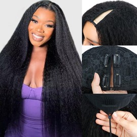 Goulus Kinky Straight V Part Wig Human Hair 26 Inch V Part Wig For Women with Drawstring 180% Density Upgrade Glueless U Part Wig No Leave Out No Sew In Kinky Straight Human Hair Wigs Natural Black