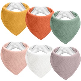 Kewlife gift Pack of 6 Bibs Baby Muslin Square Baby Neckerchief Baby Adjustable Baby Bibs for Boys and Girls, Gentle neutral