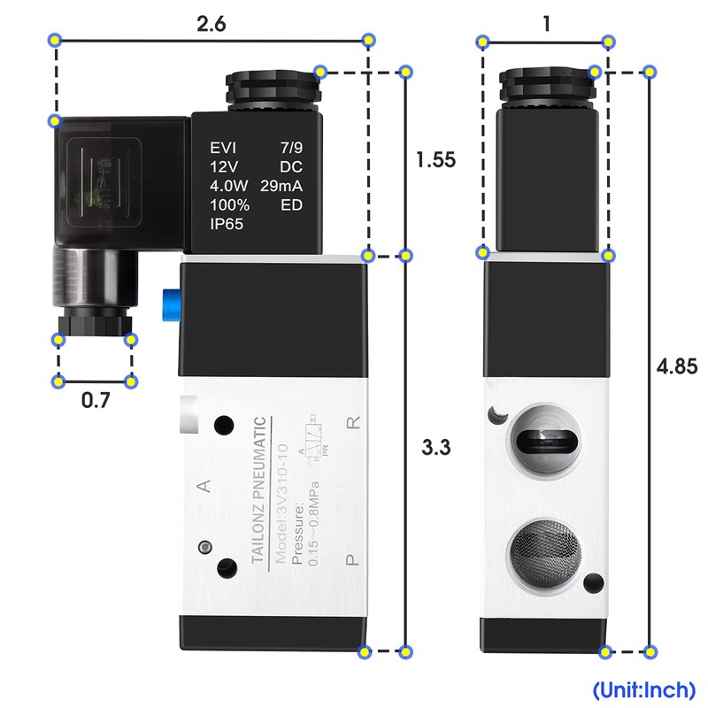 TAILONZ PNEUMATIC 3/8"NPT Solenoid Valve 3V310-10 DC12V Single Coil Pilot-Operated