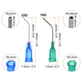 HARFINGTON 24pcs Blunt Tip Dispensing Needles 18G 22G 45 Degrees Bent Dispensing Tips 1" End Angled Dispenser Needle with Luer Elbow Blunt Needle for Oil or Glue Applicator, Green, Blue