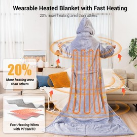 Electric Heated Blankets Hoodie for Women with Removable FootPocket,Comfy Wearable Heated Throw with Sleeves Warming Heated Robe Flannel&Sherpa Heating Wrap Poncho Shawl with 9 Temp Queen Size 50"x80"