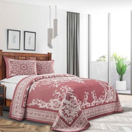 Superior Cotton Blend 3-Piece Bedspread Set, Oversized Bedspread, 2 Matching Pillow Shams, Light Weight Blanket, Jacquard Traditional Medallion Bedding Decor, Adalie Collection, Full, Berry Red