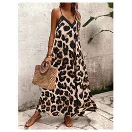 GORGLITTER Women's Leopard Sleeveless Oversized Maxi Long Dress Cheetah Bump Friendly V Neck Beach Sun Dresses Brown Multicolor Medium