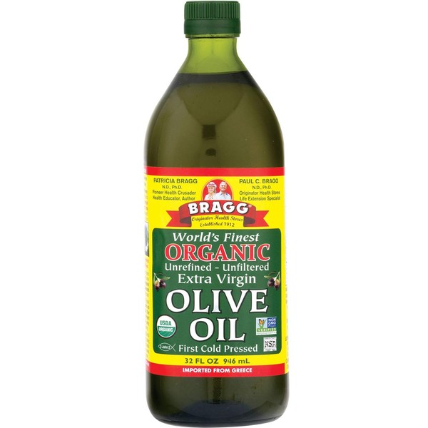 Bragg Organic Extra Virgin Olive Oil – Made with Greek Koroneiki Olives – Cold Pressed EVOO for Marinades & Vinaigrettes – USDA Certified, Non-GMO, Kosher 32 oz