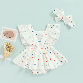 Infant Baby Girl Summer Rainbow Romper Dress Polka Dot Print Ruffle Sleeve Backless Skirted Bodysuit Sunsuit Outfit (White, 18-24 Months)