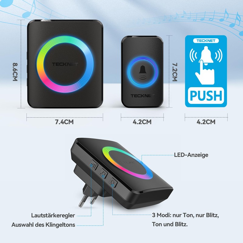 TECKNET Wireless Doorbell, Wireless Doorbell Set, 400 m Range, IP65
