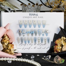 TENPAL French Tip Press on Nails Stiletto Nail tips Sweet Cool Y2k Blue Nails Press ons Ballet Fake Nails With 3D Bow Designs 24pcs/Box Flash drill burst flash Artificial Nails With Glue for Women