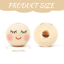 ROYUEXT Pack of 80 Wooden Beads with Face Worms, Wooden Heads with Face 20 mm with Hole, Natural Round Beads Shy Face