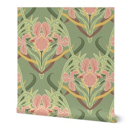 Peel & Stick Wallpaper Swatch - Green Floral Victorian Garden Art Nouveau Large Scale Iris Botanical Arts and Crafts Edwardian Boho Custom Removable Wallpaper by Spoonflower