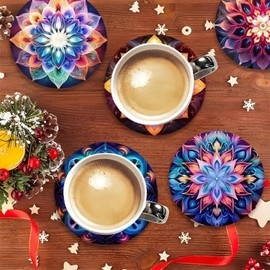 KYMY Diwali Drink Coasters Set of 6, Wooden Mandala Rangoli Cup Mats, Colorful Deepavali Festival of Lights Table Decorations for Hindu Indian Holiday Kitchen Dining Supplies