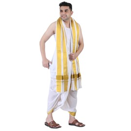 PRAKASAM COTTON Men's Panjakejam (Ready to wear) dhoti towel set with pocket- free size., White, Free