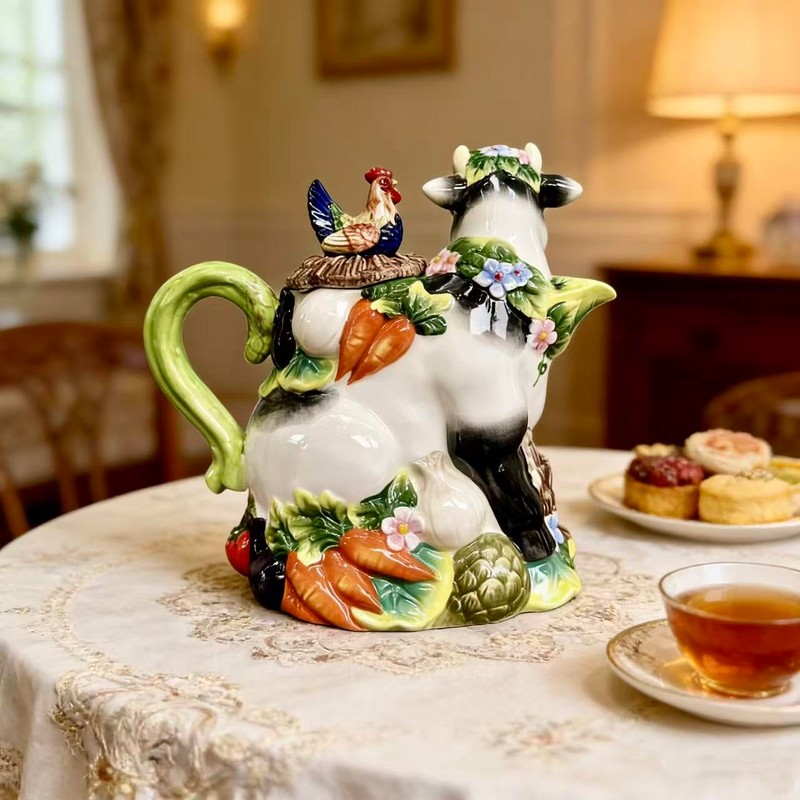 Minigift Farmhouse Cow Teapot with Rooster, Rustic Farm Animal Decorative