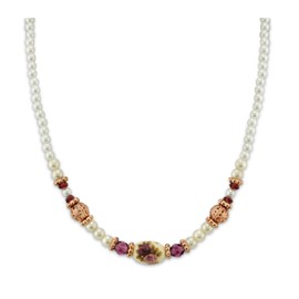1928 Jewelry Manor House 4mm Faux Pearl Strand Amethyst Crystal Filigree Puff Ball Necklace 15" + 3" Extender, Romantic Roses Vintage Victorian Inspired Aesthetic, Rose Gold Tone, Made In USA