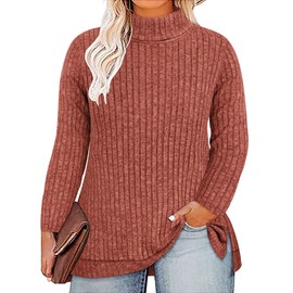 RITERA Womens Plus Size Tops Long Sleeve Turtle Neck Sweater Orange Lightweight Knitwear Casual Winter Tshirt Tops for Curvy Women 3XL 22W 24W