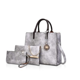 NICOLE&DORIS Women Handbags 3 Pieces Leather Handbag for Ladies Leather Totes + Crossbody+Wristlet Gray