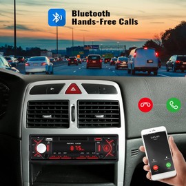 CAMECHO Single-Din Car Stereo Bluetooth 5.0, 1 Din Car Radio, FM Radio, MP3 Player, Red illumination, Dual USB Port, Hands-Free Calling, TF Card/AUX Input