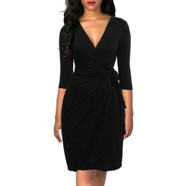 Berydress Women's Elegant Draped V Neck Knee Length Sheath Wedding Party Night Out Work Black Wrap Dress with 3/4 Sleeves (L, 6083-Black)