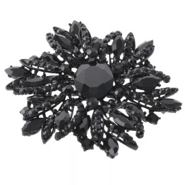 neXxtten Black Tone Metal Flower Brooch With Rhinestone P1041-BLK
