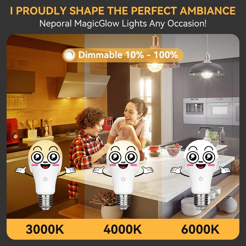 Neporal MagicGlow USB Rechargeable Light Bulbs, 3-Color Shift + 10%-100%