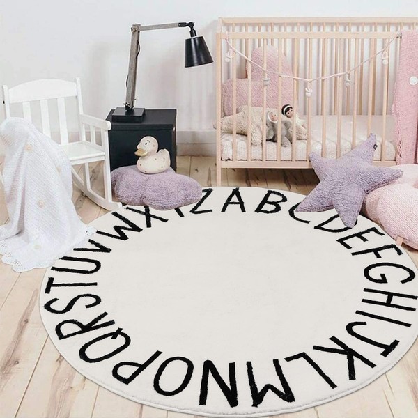 HEBE 4ft Round Kids ABC Rug Alphabet Nursery Rug for Bedroom Playroom Non Slip Educational Playmat Round Circle Carpet for Classroom Infant Toddlers,Milk White