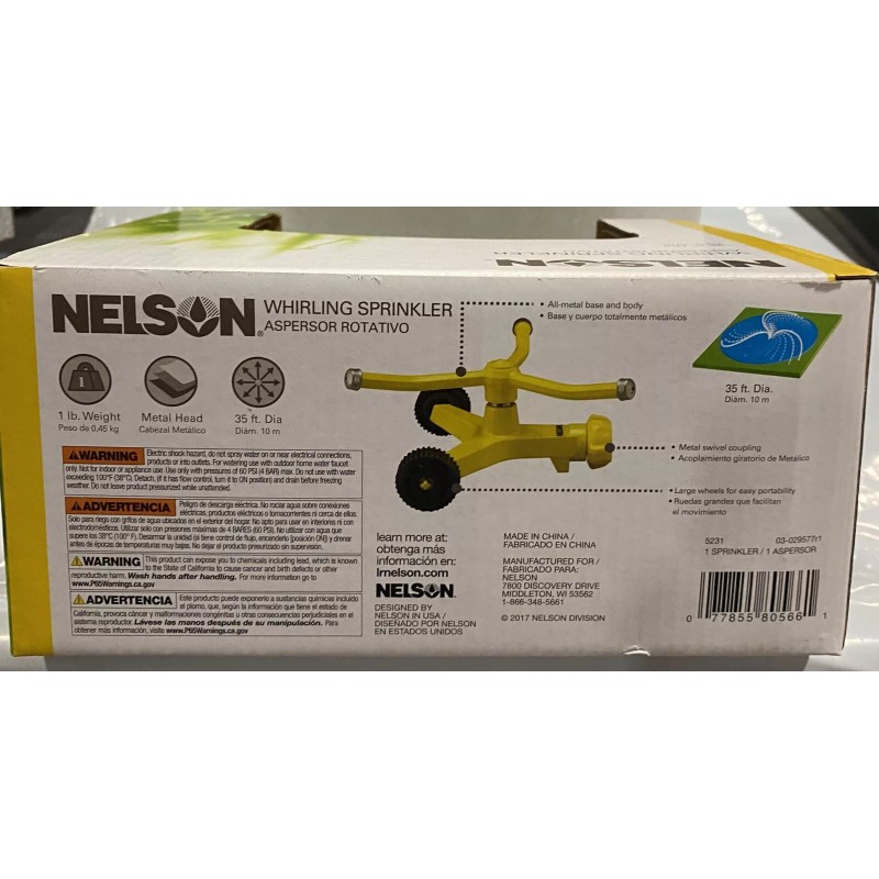 Nelson 3-Arm Whirling Yellow Metal Wheeled Lawn Water Sprinkler 35ft