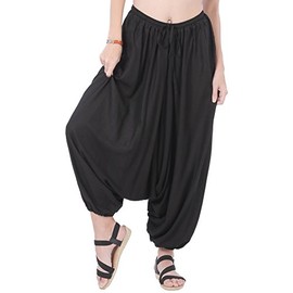 CandyHusky Men Women Baggy Pants Hippie Boho Gypsy Costume Yoga Aladdin Harem Pants Ninja Genie Pants One Size Fits Rayon Black