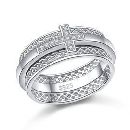 S925 Sterling Silver Spinner Fidget Anxiety Worry Relieving Boredom ADHD Autism Band Christian Rings Relieving Boredom Cross Women Men
