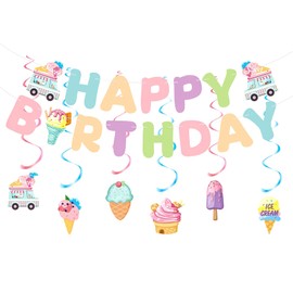 Birthday Decorations, Happy Birthday Banner Sign with Ice Cream Hanging Swirls Streamers, Lovely Happy Birthday Party Decorations for Kids Girls Boys