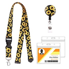 Beacil Fashion Sunflower Lanyard ID Card Clip Kit,Women Girls Nurse Reversible Detachable Key Chain Lanyard and Retractable ID Card with Horizontal Name Badge Holder,for Keys USB ID Card Phone
