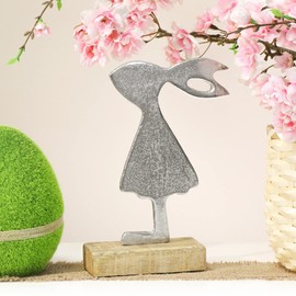 com-four® Decorative Metal Rabbit with Mango Wood Base - Easter Bunny for Spring Decoration - Stand for Easter - Home Accessory [Selection Varies] (01 Pieces - Metal Rabbit 23 cm)