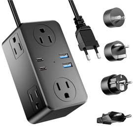 Kakyanill European Travel Plug Adapter, EU/UK/US Travel Plug Adapter Power Strip, 6 AC Outlets, 4 USB Ports (2 USB C), 3ft Wrapped Around Extension Cord, Compact for Travel, Black