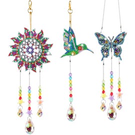 TIMESETL Diamond Painting Wind Chime Set 5D Diamond Painting Sun Catcher 3 Pieces Diamond Art Painting Butterfly, Sun, Bird, 5D Diamond Painting Pendant for Garden, Yard, Window Decoration