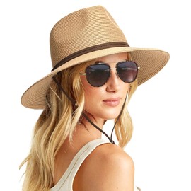 FURTALK Unisex Summer Straw Sun Hats Womens Wide Brim Panama Fedora Beach Hat with Wind Lanyard Khaki