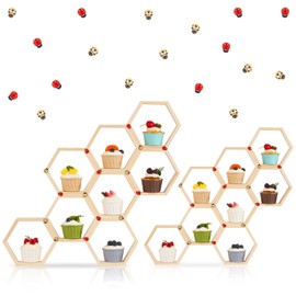 16PCS Wooden Honeycomb Cupcake Stand Set - 30 Adorable Bees & 10 Ladybugs Decorations, DIY Stackable Baking Dessert Tower for Bee-Themed Party, Baby Shower, Birthday Party, Rustic Weddings, Wall decor