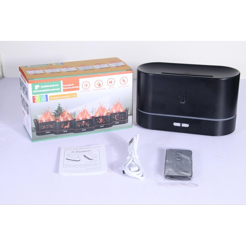 Flame Effect Essential Oil Diffuser, Black, LED Mood Light, 2-Button