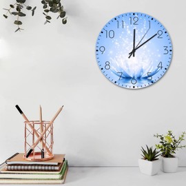 12" Silent Non-Ticking Wall Clocks Battery Operated White Lotus' Flower Blue Wooden Wall Decor for Patio Spiritual Meditation Floral Relax Vintage Round Wooden Wall Clock Rustic for Garden New Home