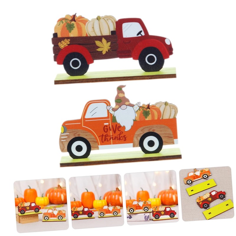 CAXUSD 2pcs Wooden Truck Gnome Pumpkin Sign for Autumn Home
